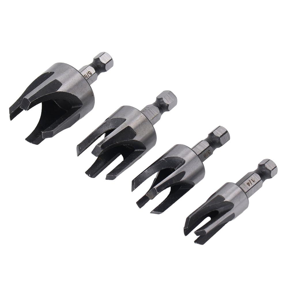 4pcs 1/4in Hex Shank Wood Dowel Drill Set Claw Type Hole Saw Kit Tapered Plug Cutter Woodworking