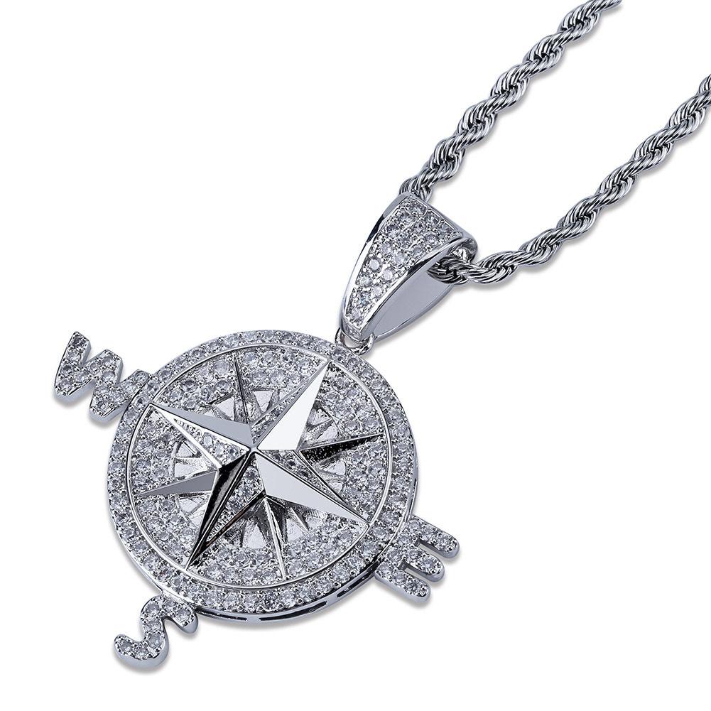 European and American Compass Compass Shaped Personalized Pendant Full of Zircon Trendy Brand Mens Necklace Accessories