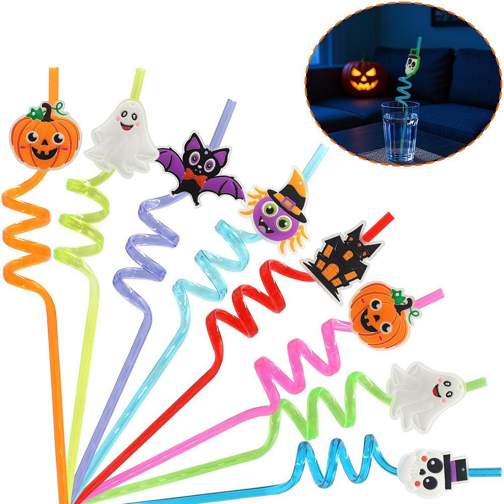 8PCS Halloween Party Favors Bats Ghost Cats Pumpkin Witch Spider Pattern Drinking Straws Goodie Gifts for Kids Halloween Party