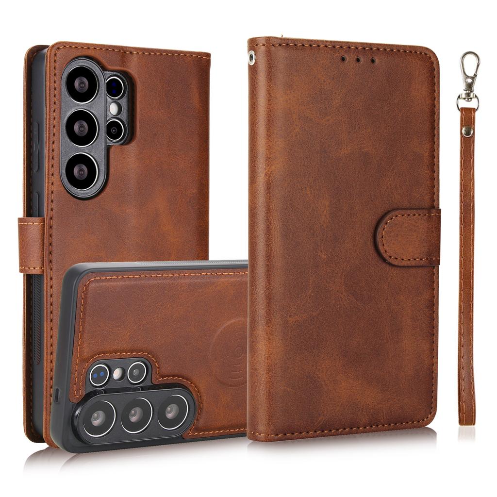 Magnetic Leather Case for Samsung Galaxy S26 Ultra S25 Edge S24 Plus S23 FE S22 S21 S20 Note20 Hand Strap Detachable Card Wallet