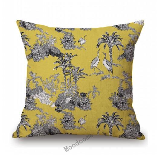 Toile De Jouy Jungle Animals Tiger Giraffe Tiger Crane Birds Navy Blue Greenish Pattern Decorative Pillow Case Car Cushion Cover