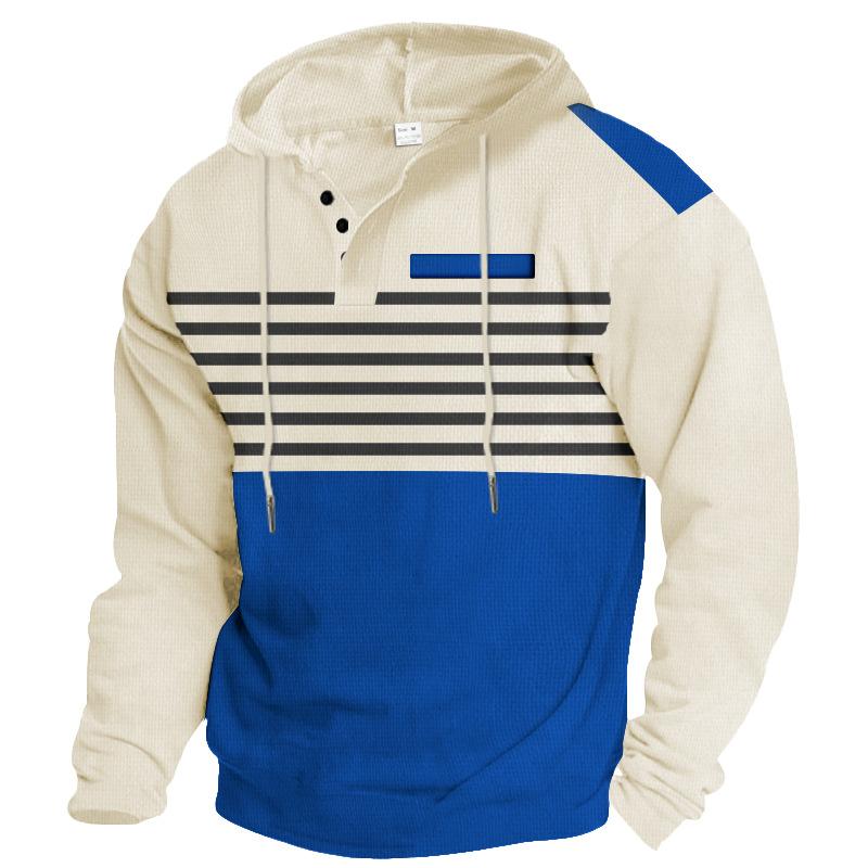 Mens Waffle Knit Long Sleeve Hooded Pullover Striped Casual Sweatshirt S