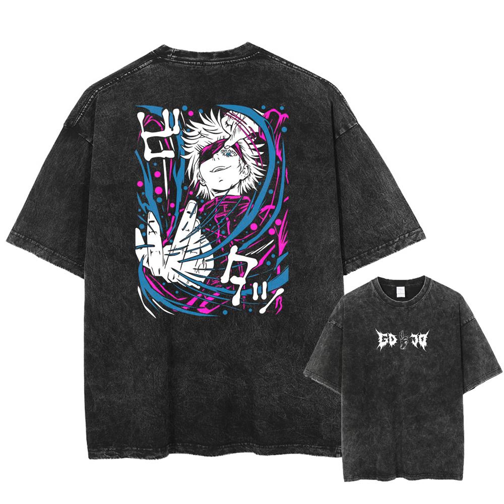 Japan Anime Jujutsu Kaisen Gojo Satoru Print Washed Tshirt Men High Quality Cotton T-shirts Manga Casual T Shirt Harajuku Tops