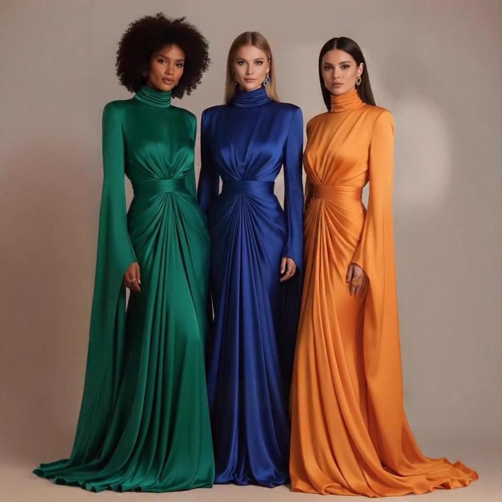 European & American Women's Satin High Neck Casual Formal Dress, High Waist with Lace-up Design, New 2025 Style