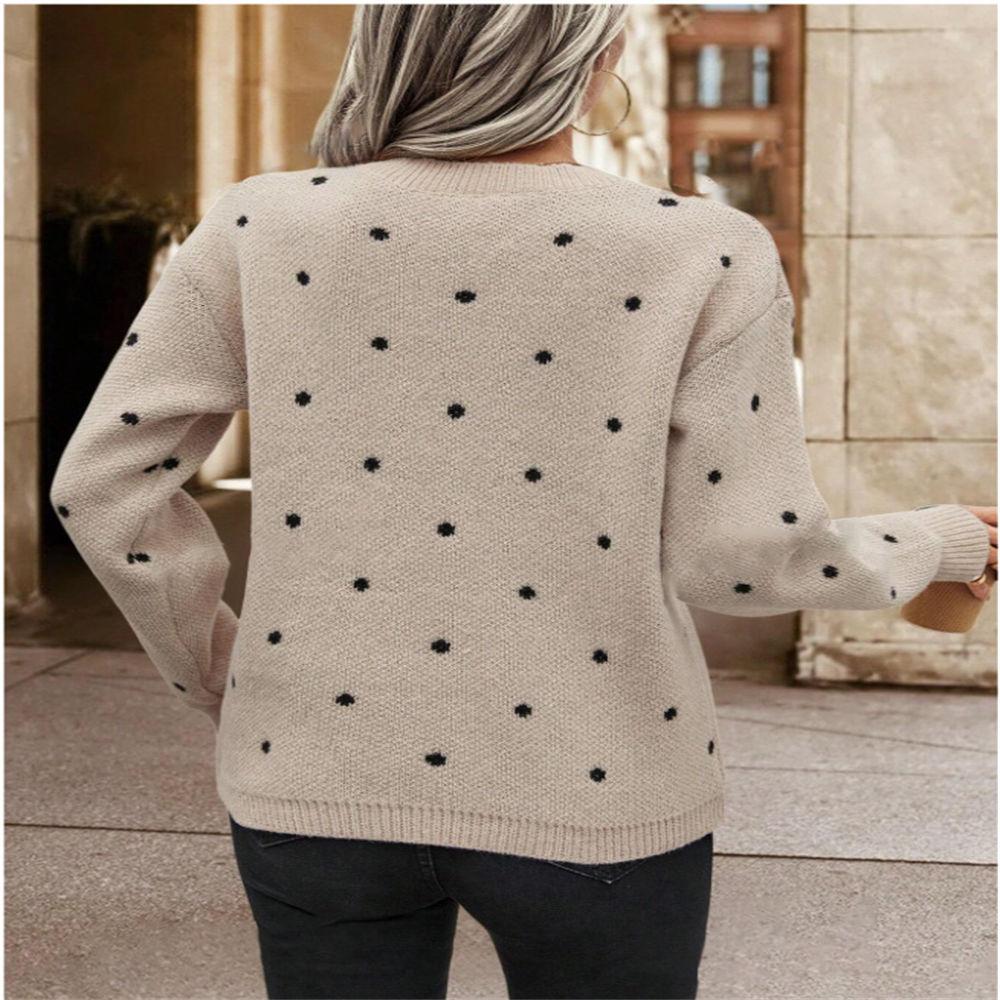 Women's Autumn & Winter Polka Dot Jacquard Crew Neck Pullover, Elegant Loose Knit Sweater S-XL