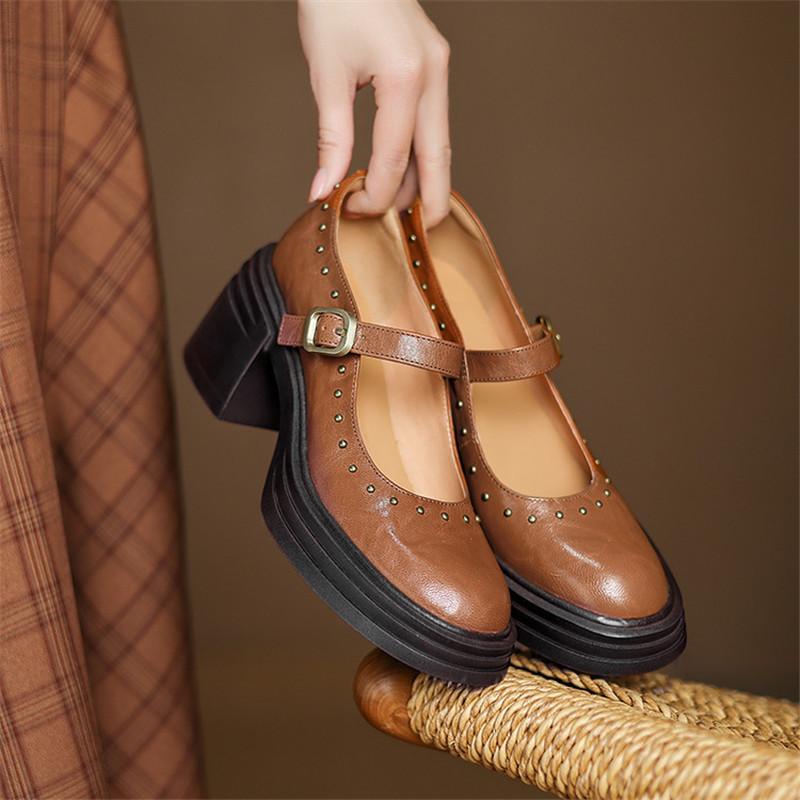 Módní Nové Jaro/léto Boty Mary Jane z pravé kůže pro ženy Módní Nýtovaný Masivní Podpatek Kulatá Špička Dámské Lodičky Boty na Platformě Dámské