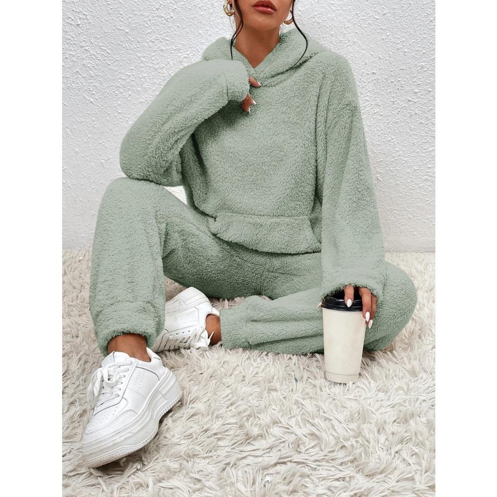 

GMXIA Autumn and Winter Solid-color Women s Hooded Long-sleeved Bagged Casual Long Pants Home Two-piece Set XXXXXL зелений