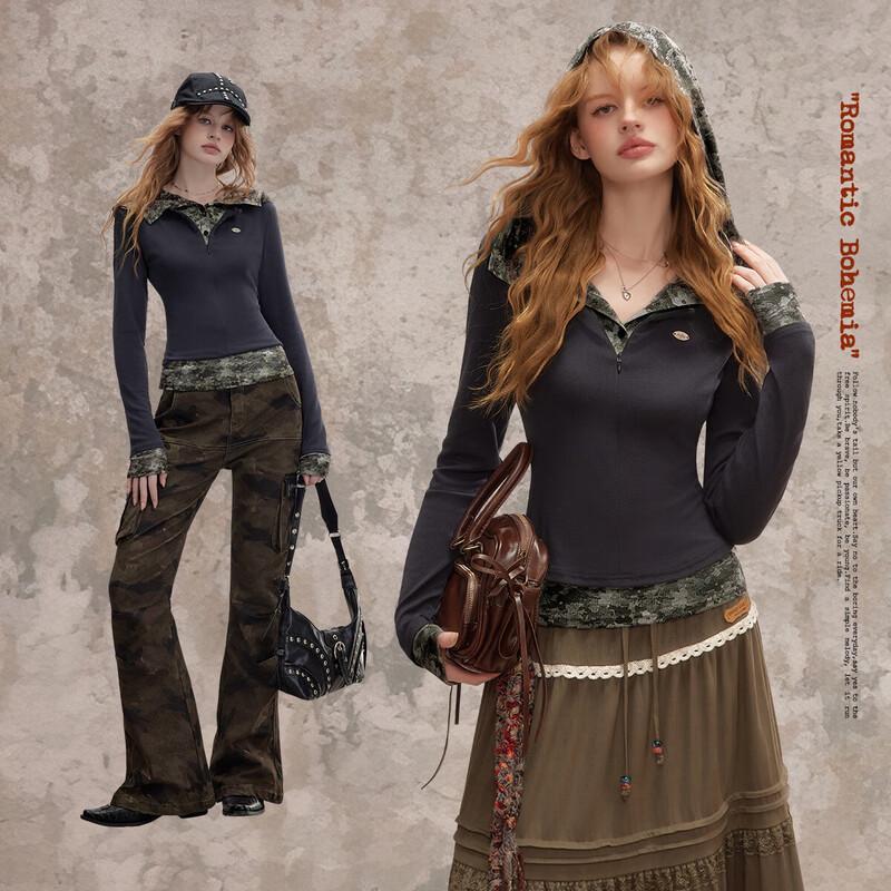 UNIFREE Women s Faux Two-Piece Hooded Long Sleeve T-Shirt S