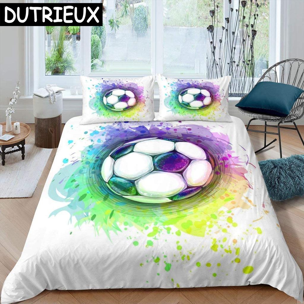 Soccer Duvet Cover Set King Queen Full Size Football Pattern Polyester Comforter Cover For Boys Teens Soccer Lover Bedding Set