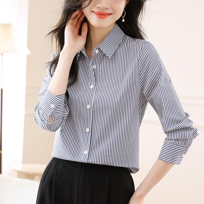 Women's 2025 Autumn Vertical Striped Long Sleeve Shirt - Korean Style Slimming Professional Top