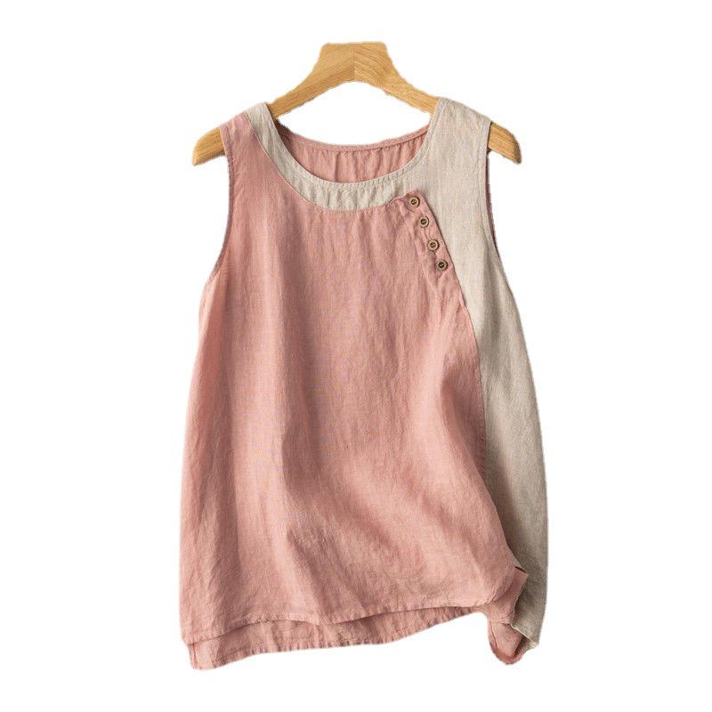 Damen Retro Colorblock Baumwollleinen Weste mit Knopfdetails