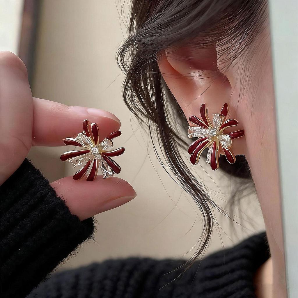 Korean Style Retro Zirconia Firework Stud Earrings, Fashionable Red Design, Light Luxury New Year Accessory for Women