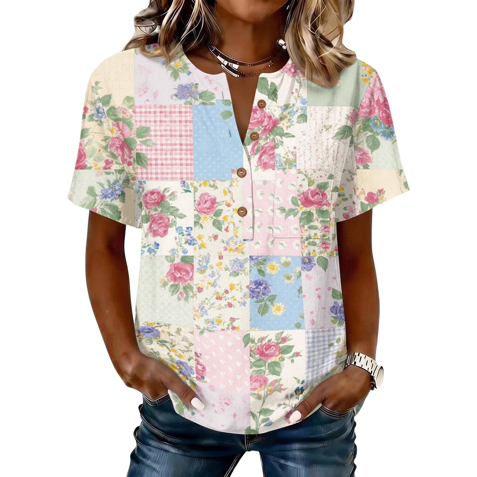Women’s Vintage Patchwork Print Henley Neck Short Sleeve Cotton Linen Shirt with Decorative Buttons and Relaxed Fit Top L