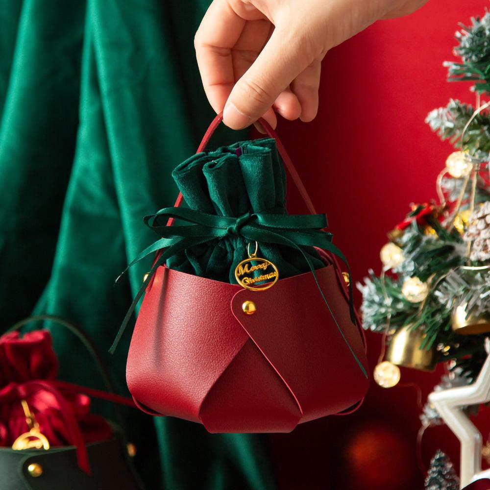 Leather Cloth Christmas Gift Bag Red Green Candy Handle Bag Christmas Tree Decorations for Home Table 2025 New Year Gift Bag