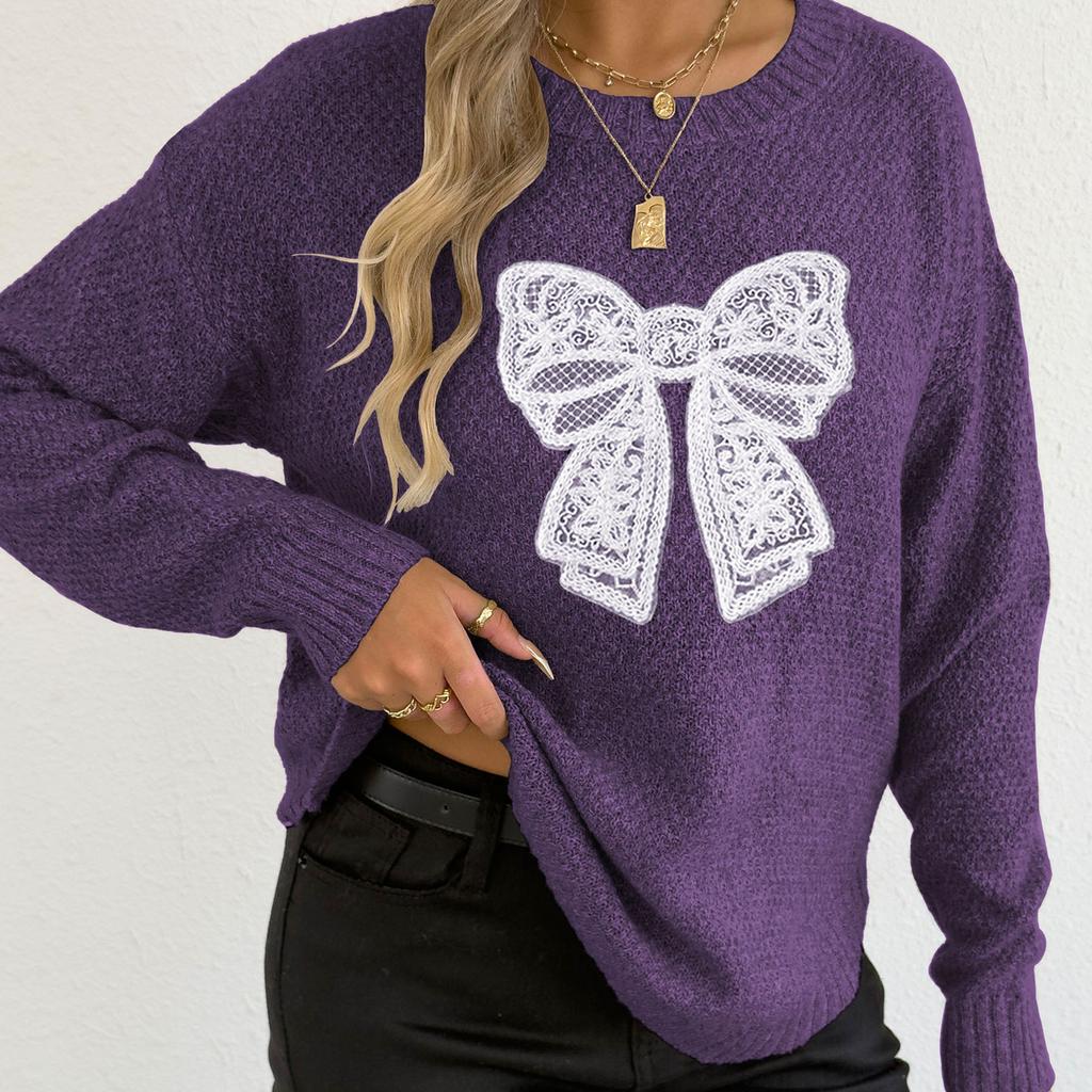 Autumn Winter New Round Neck Pullover Top Base Shirt Embroidered Lace Butterfly Patchwork Knitted Sweater
