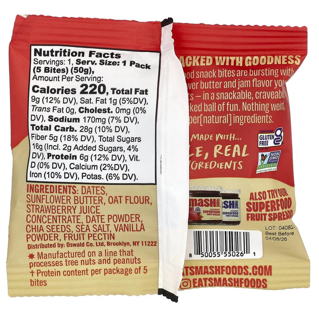 Smash Foods Snack Bites, Sunflower Butter & Strawberry Jam, 5 Bites, 50g (1.8oz)