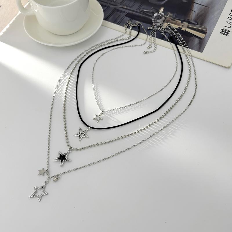 Punk Rock Silver Color Vortex Star Pendant Chain Layered Necklace For Women Men Charms Y2K Grunge Accessories Jewelry