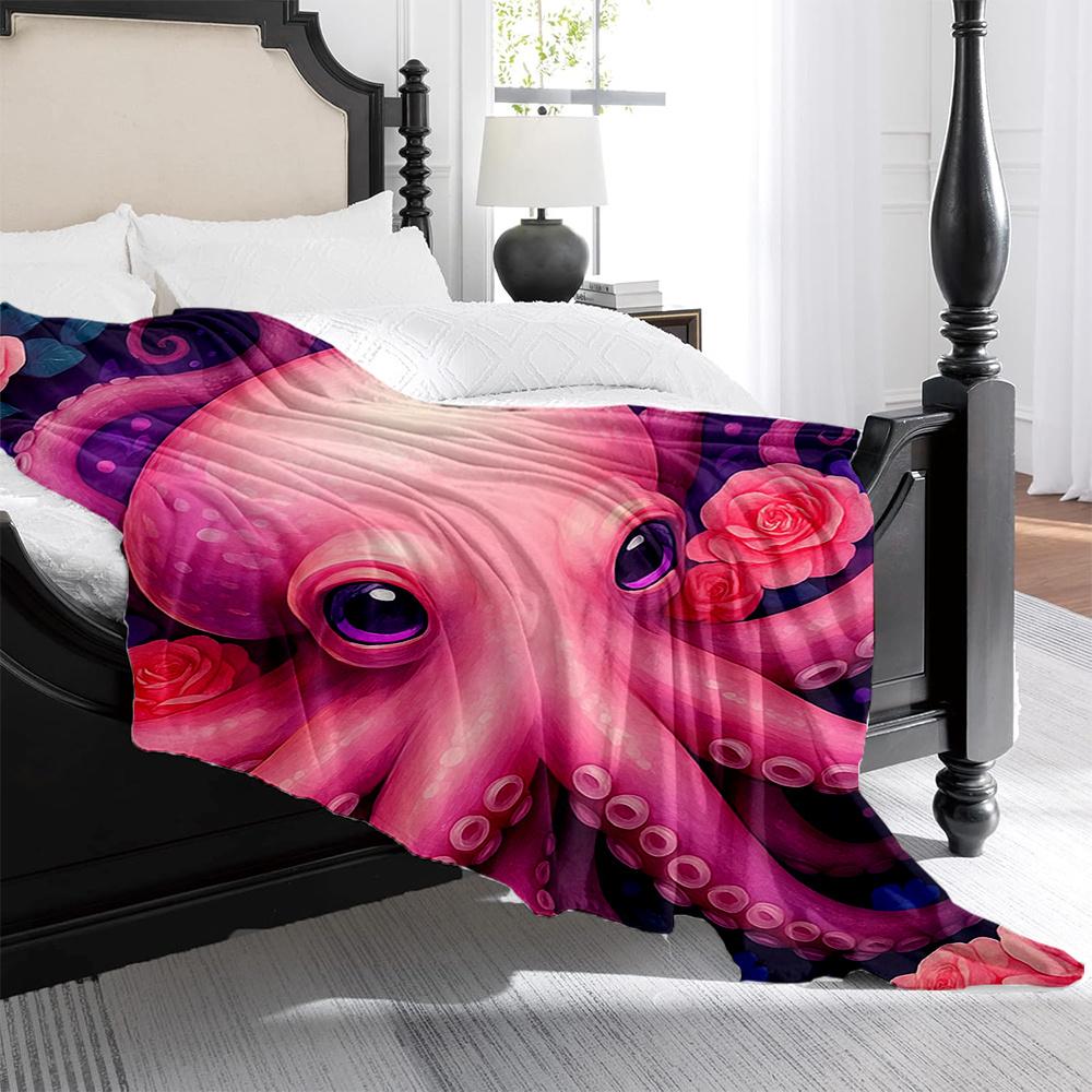 1pc Pink Octopus & Purple Roses Plush Fleece Blanket - Cute Anime-Inspired Tentacle & Bedspread, Soft Quilted All-Season Cozy