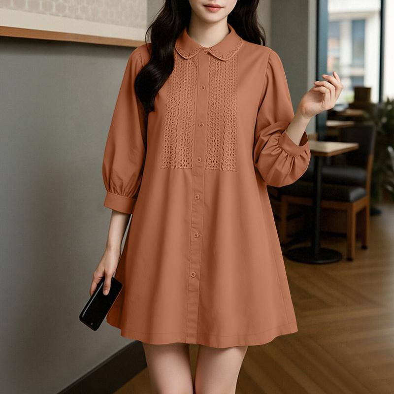 

ZANZEA Women Loose Casual Doll Collar 3/4 Sleeve Lace Patchwork Midi Dress 5XL розовый