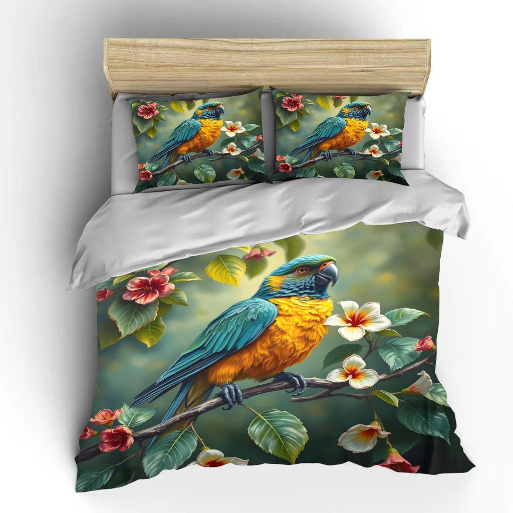 Colorful Parrot On Blooming Branch Print Soft Comfortable Duvet Cover Bedding Set Included 1*Duvet Cover 2*Pillowcases