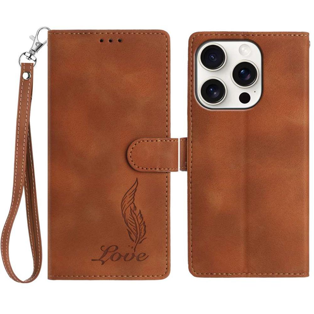 For iPhone 16 Pro Max Case Imprinted Feather PU Leather Wallet Phone Cover with Wrist Strap