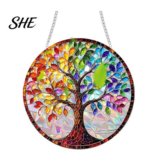 Metal Chain Hanging Pendant Stained Glass Style Window Hanging, Colorful Sun Catchers for Wall Windows, Porch Decoration Acrylic Suncatcher Decor with B