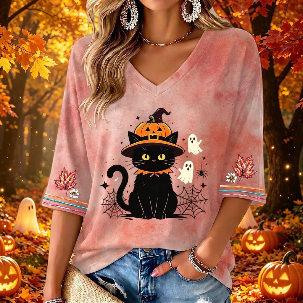 Women's V-Neck Three-Quarter Sleeve Casual Top with Halloween Print