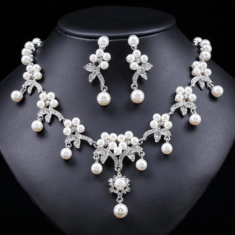 Branch Shaped Simulation Pearl Necklace Earrings Set Ethnic Retro Jewelry Bride Dress Accessories