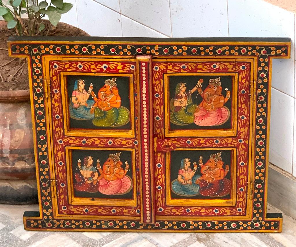 Painted Jharokha Wooden Frame: Antique Hindu God Ganesha Wall Decor
