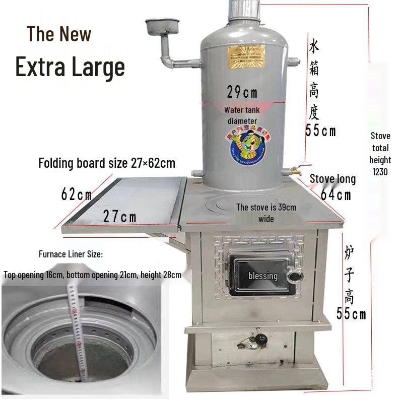 Indoor Coal-Burning Heating Stove with Chimney and Radiators, Includes Water Tank for Boiling and Cooking.