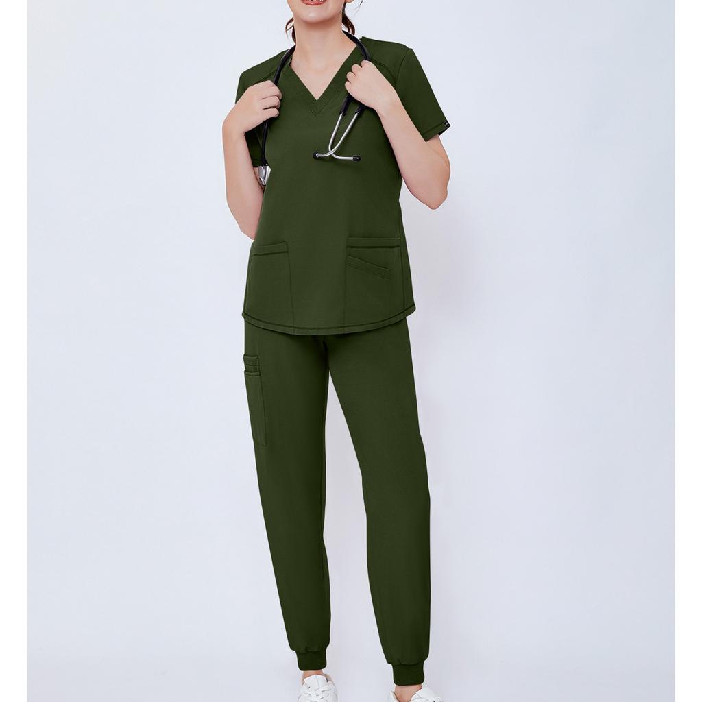 Zweiteiliges Set für Damen, kurzärmelig, einfarbig, Oberteil mit Tasche, Hose, Arbeitskleidung, zweiteiliges Set