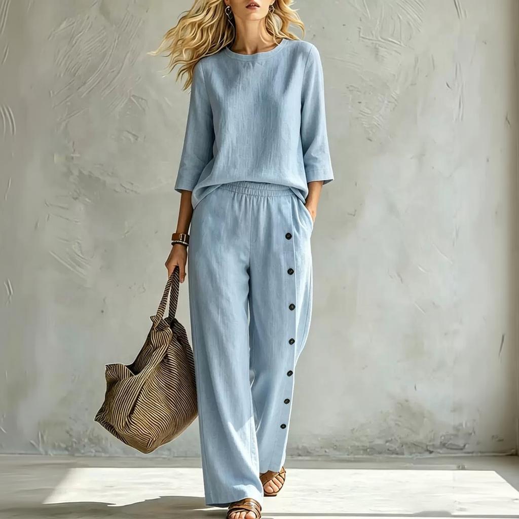 Women's Casual Two-Piece Set with Button Color Loose Fit for Everyday Wear