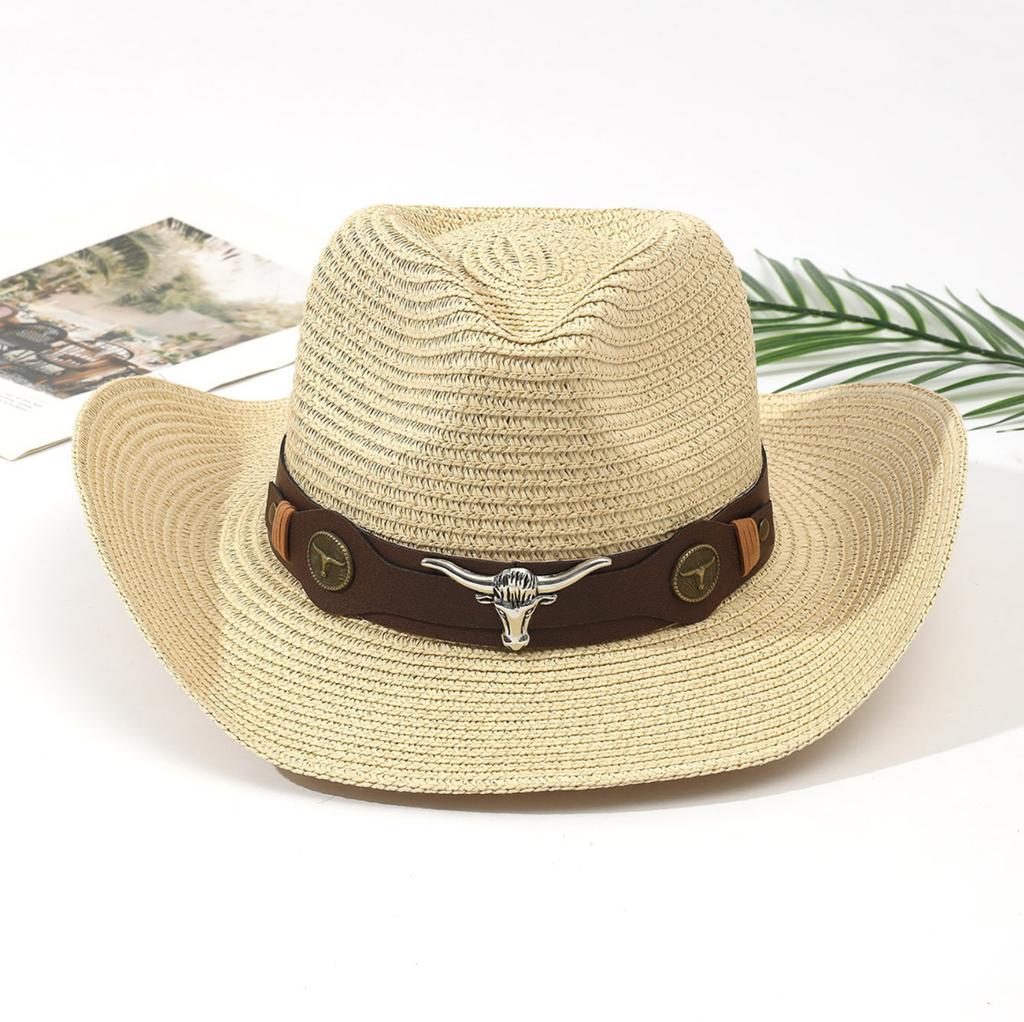 Vintage Westernstroh-Cowboyhut Unisex mit Gürtelschnallen-Dekoration Geeignet für Outdoor-Strandurlaub Breiter Rand Sonnenschutzhut Urlaubsgeschenk