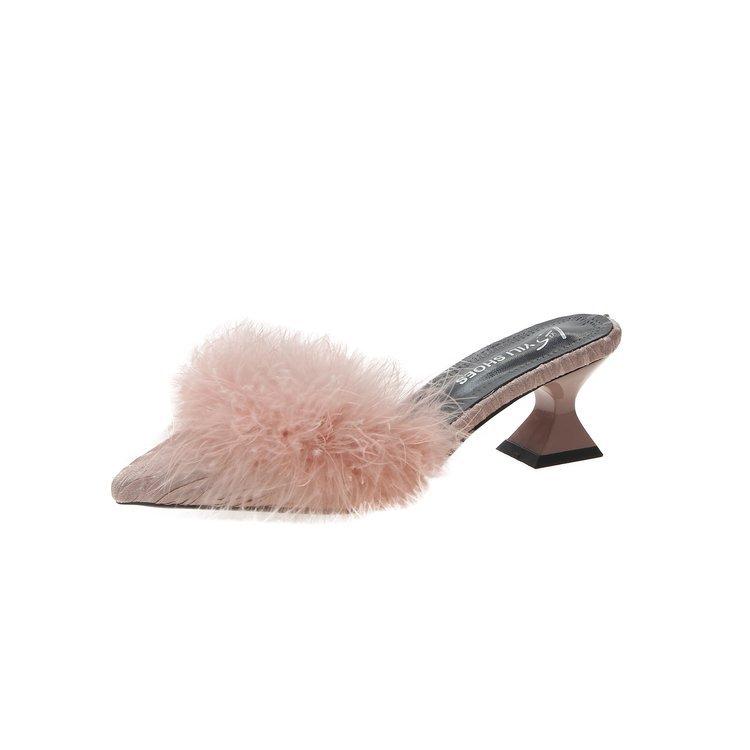 Demies-chaussures d'intérieur pour femme Nouvelles d'été Sexy Bout pointu Tempérament Talons hauts Pantoufles Mode féminine Pelucheuses Talons hauts Claquettes unies