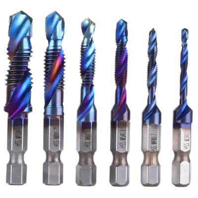 6pcs Spiral Tap Drill Bit Set Blue Plating Coating Hex Shank Drill and Tap Kit for Drilling Cutting