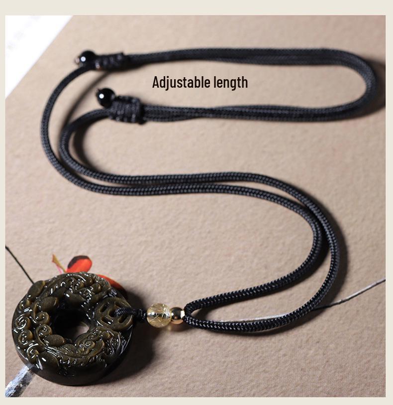 Natural Obsidian Double Pixiu Safety Buckle Pendant - Golden Obsidian Crystal Charm