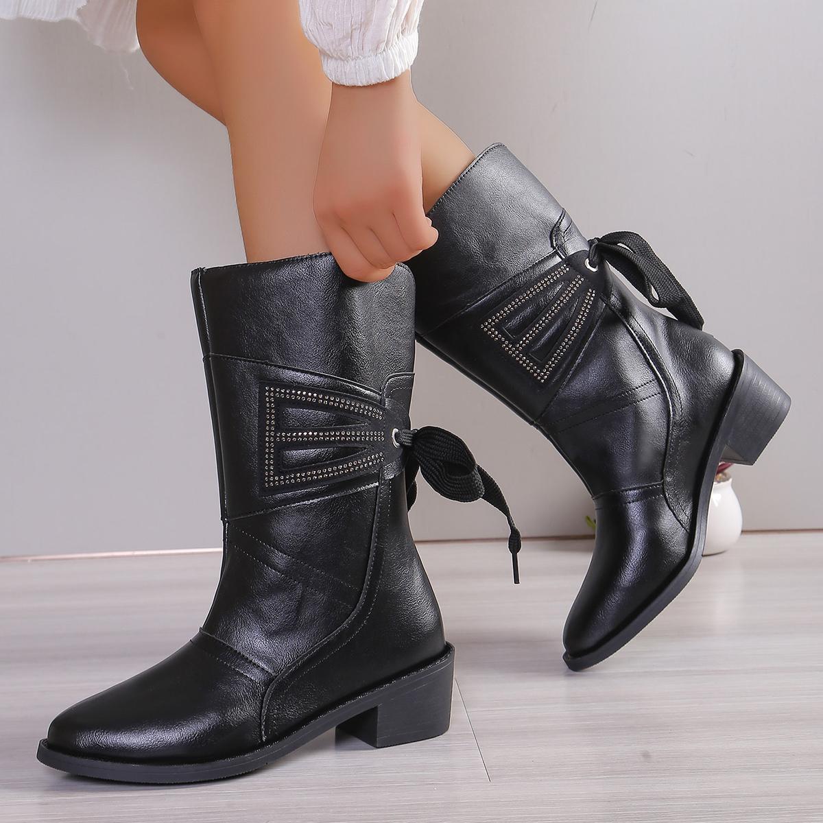 

Модные женские сапоги с острым носком до середины голени, массивные туфли из искусственной кожи, панк-ботинки «Челси» со шнуровкой, тренд 2025 года, туфли-лодочки Botas Mujer 43 чёрный