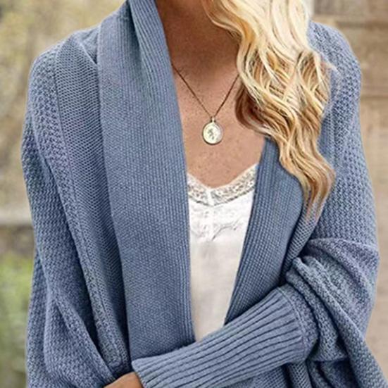Women Cardigan Coat Collarless Batwing Long Sleeve Open Front Knitting Coat Elastic Cuffs Solid Color Loose Fit Knitted Cardigan