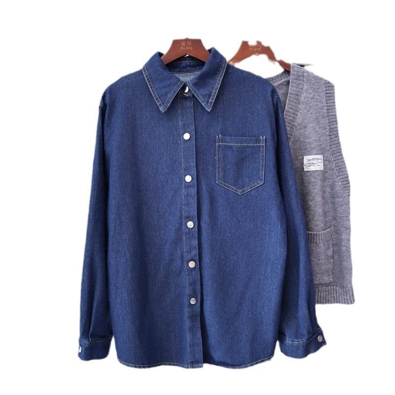 Autumn and winter new denim shirt knitted vest two-piece set loose casual versatile sweater set women