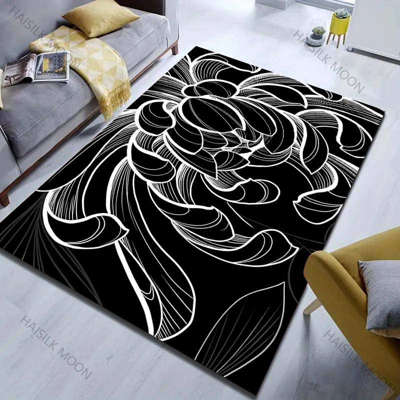 Multiple Sizes Luxury Black and White Flowers Carpet for Living Room Bedroom Sofa Home Decor Rus Non-slip Floor Mat