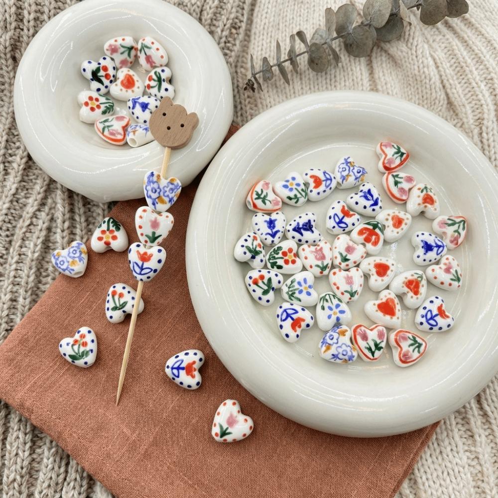 5pcs/set Double Sided Heart Shape Ceramic Beads Small Porcelain Beads Jewelry Making  Necklace