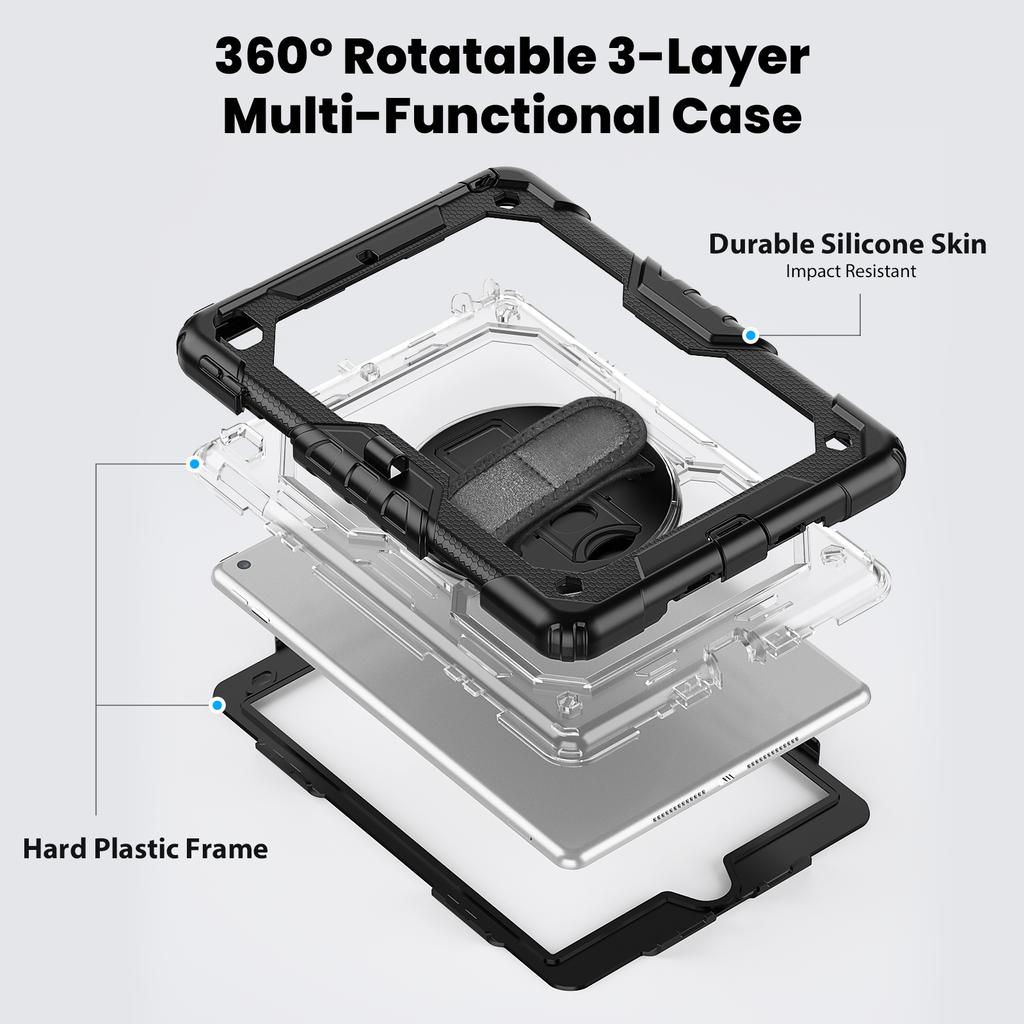 For iPad 10.2 (2021)/(2019)/(2020) Case PC+Silicone Tablet Cover with PET Film and Shoulder Strap