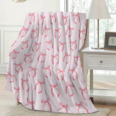 Flannel Blanket Boasting Adorable Pink Bow Print Suitable for Enhancing The Sweetness Of Bedrooms and Cosy Movie Nights Premium
