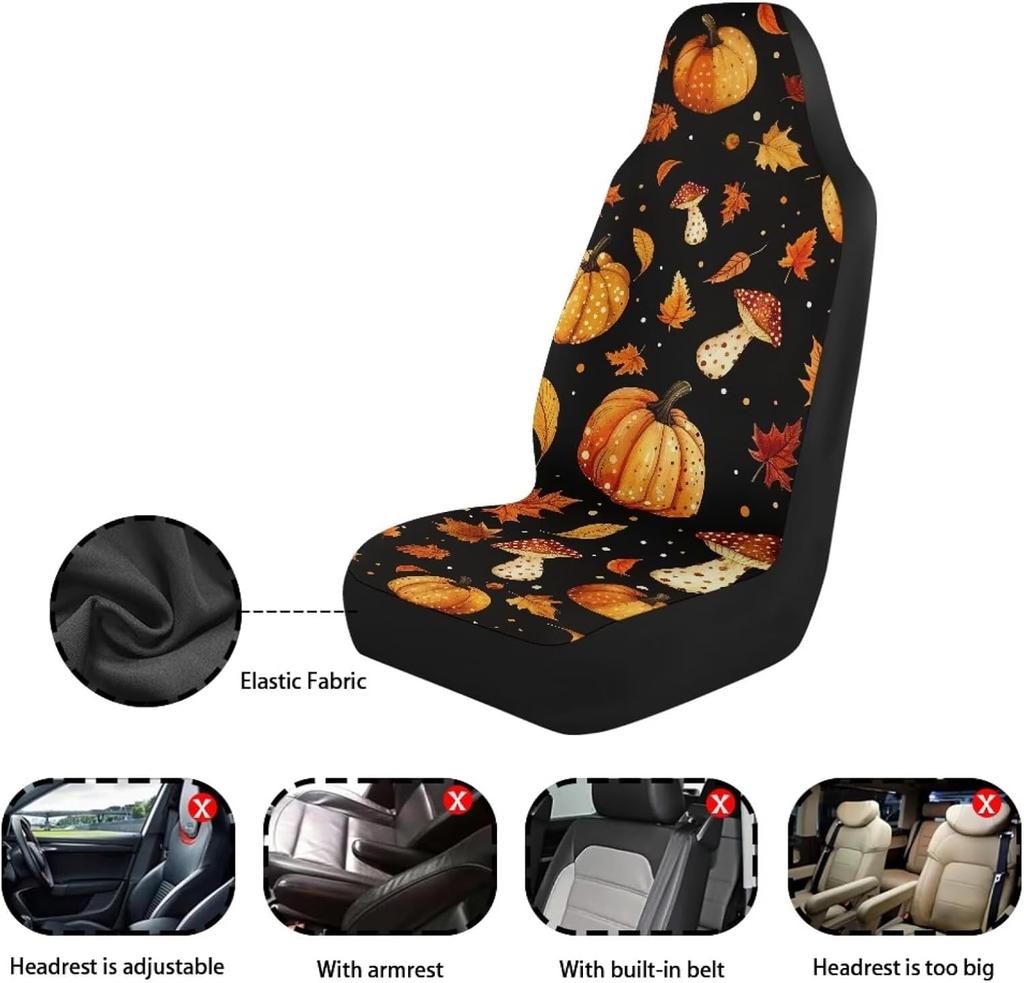 Pumpkin Mushroom Maple Leaf Front Car Seat Covers Protectors 2-Pc Set Graphic Print Auto Seat Covers For Holiday Car Decor