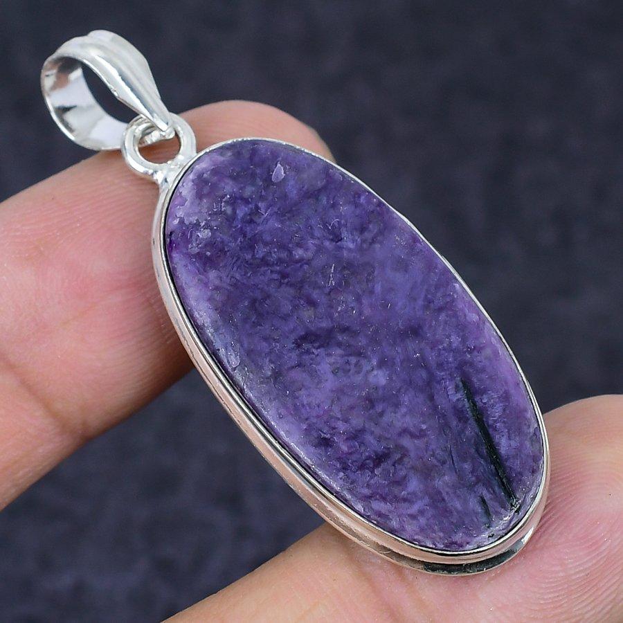 Natural Russian Charoite Gemstone 925 Sterling Silver Jewelry Pendant 2.09" N9R07