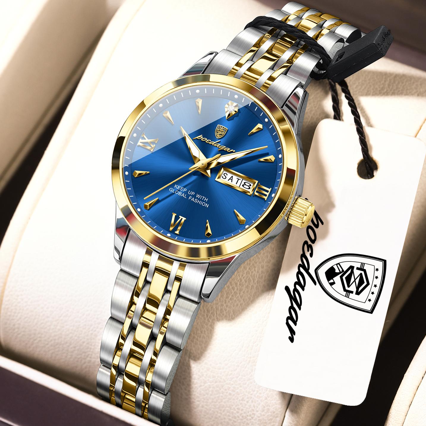 POEDAGAR Originaluhr für Damen Wasserdicht Leuchtend Datum Woche Damenuhr Edelstahl Quarzuhren Damen blau/gold