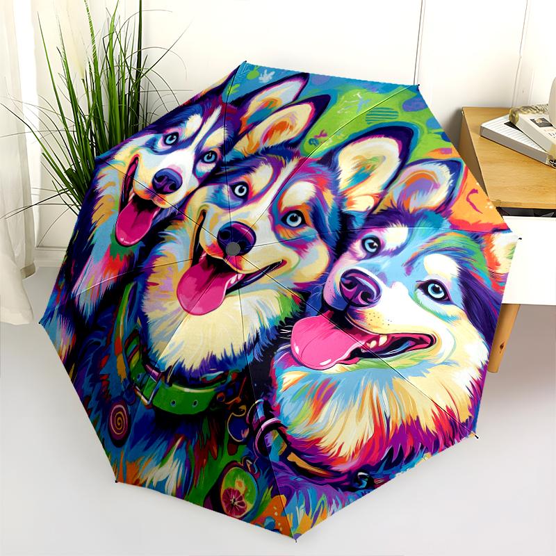 Colorful Husky pattern, automatic folding umbrella, portable and foldable design, 8 ribs, a Christmas or birthday gift.