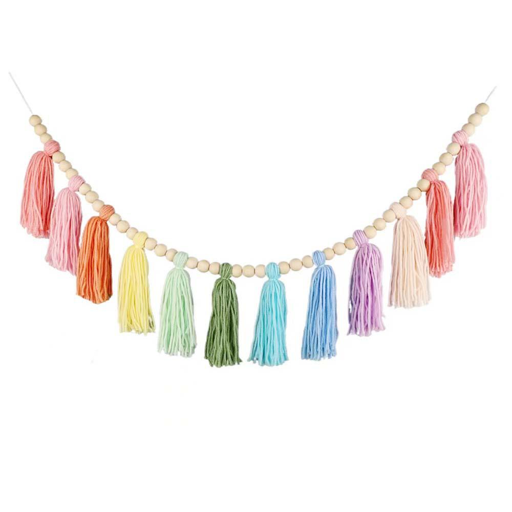Nordic Style Wooden Bead and Pompom Tassel Wall Hanging for Children's Room