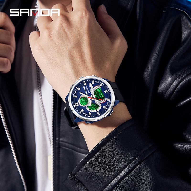 Sanda Men's Multifunctional Waterproof Luminous Watch with Dual Display and Alarm