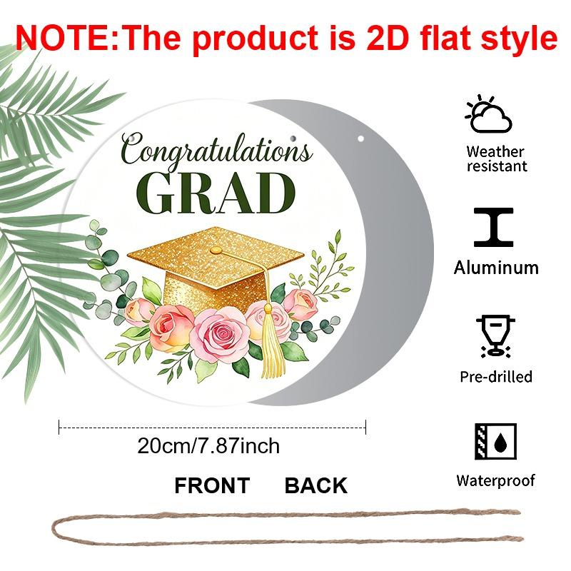2D Flat Aluminum Graduation-themed Wall Hangings, Available in Various Sizes, Featuring Gold Glitter Graduation Caps and Watercolor-style Pink Roses